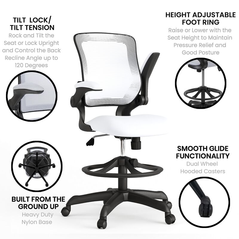 Flash Furniture Kale Mid-Back White Mesh Ergonomic Drafting Chair | Adjustable Foot Ring, Flip-Up Arms