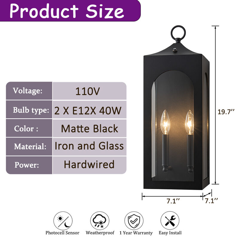 H20" 2-Lights Large Dusk to Dawn Outdoor Wall Lantern Unique/Statement Black Exterior Wall Sconce with Dual Candle Lights and Roof Top Design for Entryway Garage image number 6