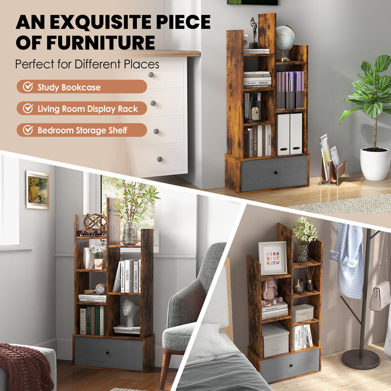 7-Tier Open-Back Bookshelf with Drawer-Rustic Brown image number 4