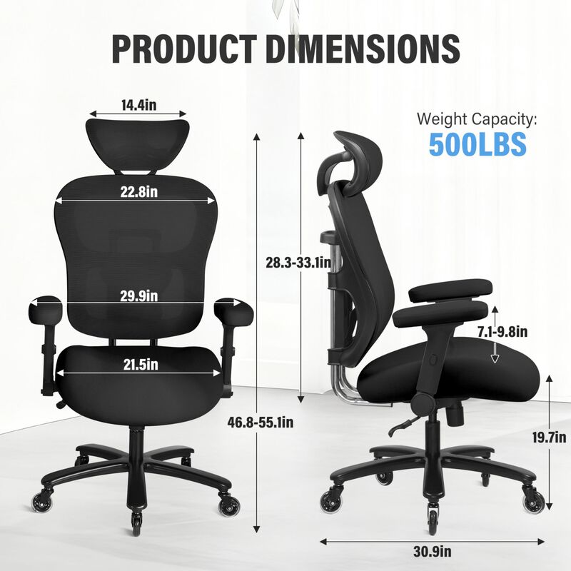 500LBS Big and Tall Office Chair Mesh Breathable,Gaming Chair with Adjustable Backrest Height image number 3