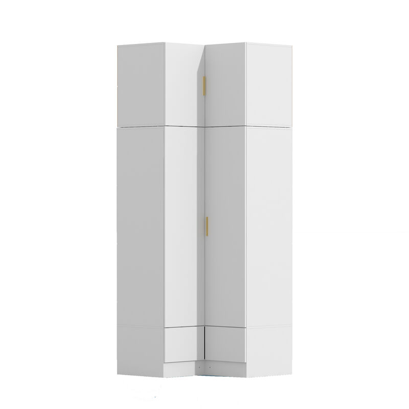FUFU&GAGA Modern White L-Shaped Wardrobe with Large Storage, Doors & Top Cabinets with Golden Handles, Drawers, PB with Laminate Finish (35.4 in. W x 35.4 in. D x 94.5 in. H)