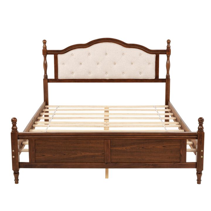 Pine Wood Contemporary Platform Bed with Upholstered Headboard and Panel Footboard
