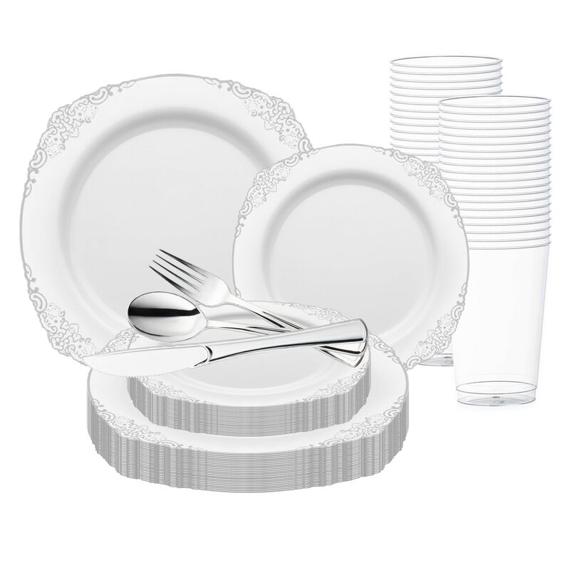White with Silver Fancy Round Plastic Wedding Value Set (120 Sets) image number 0