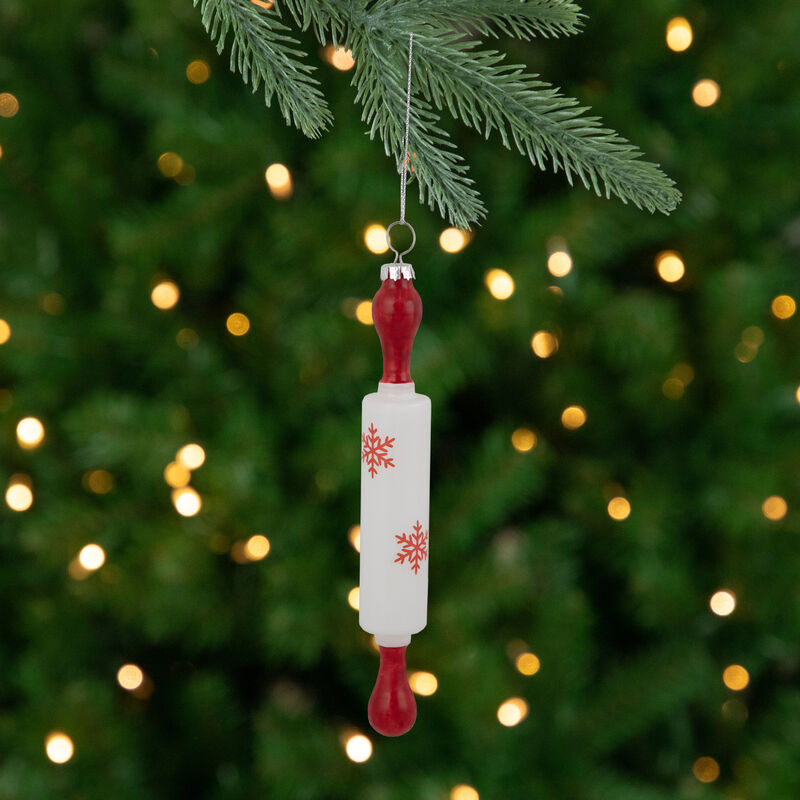 7.25" Red Snowflakes Rolling Pin Glass Christmas Ornament image number 1