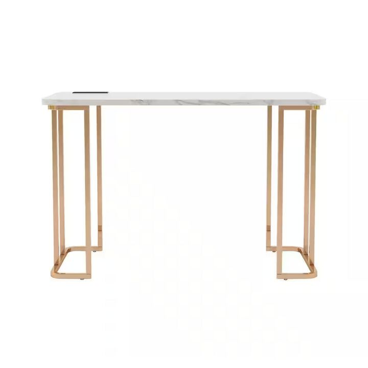 Jenny 47 Inch Desk, USB Power Outlet, Gold Metal Legs, White Faux Marble - Benzara