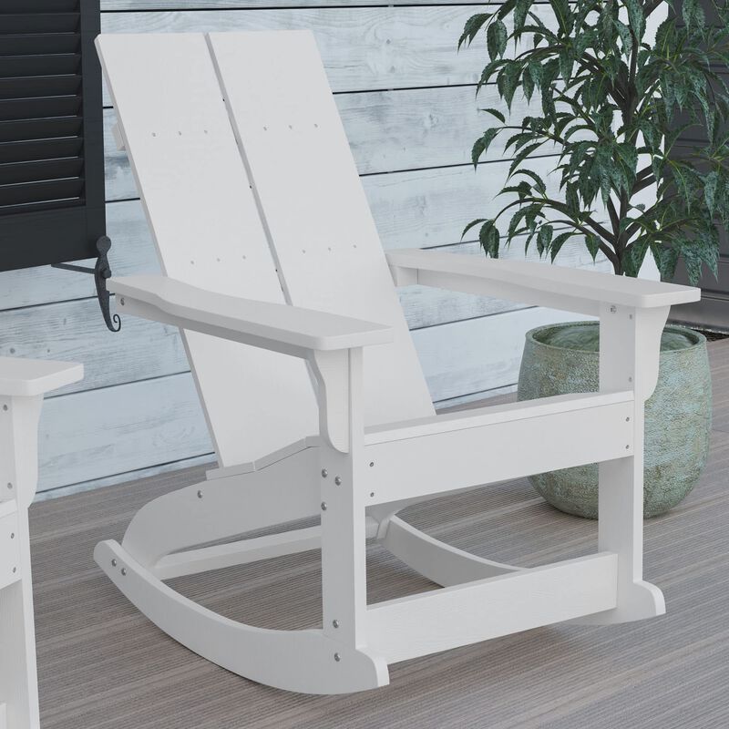 Flash Furniture Finn Modern Commercial Grade Poly Resin Wood Adirondack Rocking Chair - All Weather White Polystyrene - Dual Slat Back - Stainless Steel Hardware