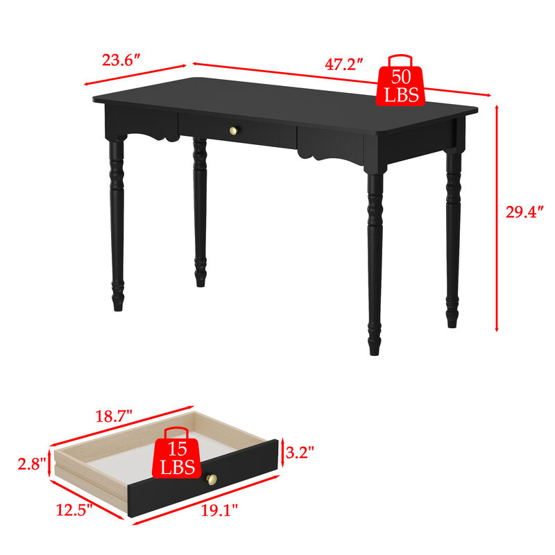 FUFU&GAGA Black Dining Table with Drawer, MDF & Rubberwood Construction (47.2" W x 29.4" H x 23.6" D), Black