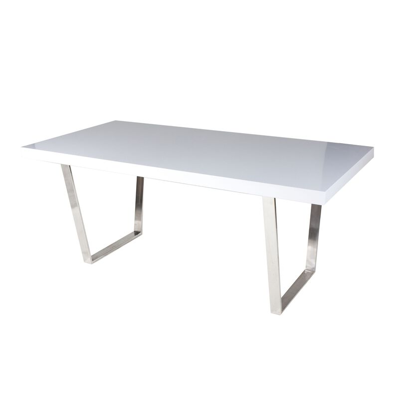 Ien 71 Inch Dining Table, Rectangular Top, Open Metal Panel, White Lacquer