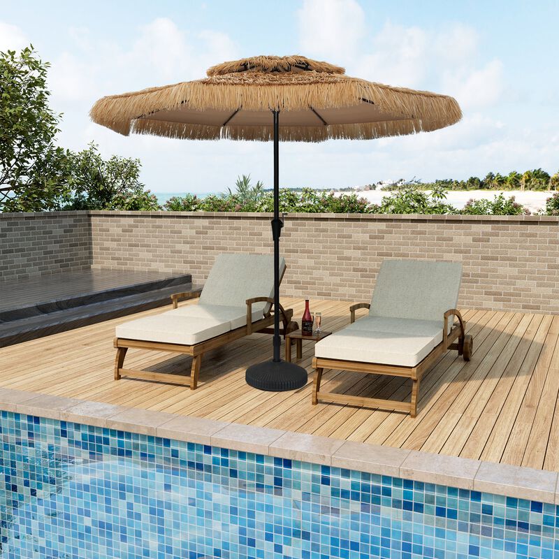 Mondawe 9 ft Hawaiian Style Crank Design 2 Tier Straw Patio Umbrella Shade with Round Based