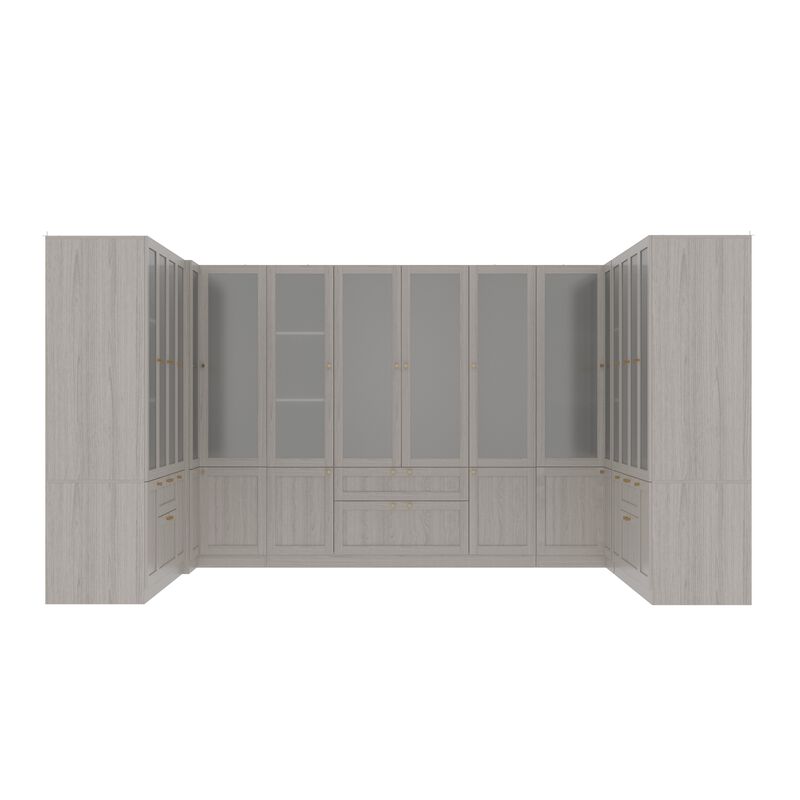 FUFU&GAGA Modular Wardrobe Closet System with Frosted Glass Doors, Gold Handles, Hanging Rods & Drawers,(133.4" W x 98.4" D x 70.9" H),White