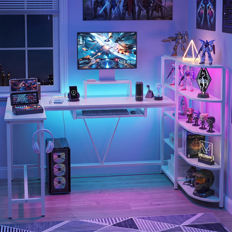 U Shaped Computer Desk with 5 Tier Storage Bookshelf and Keyboard Tray image number 4
