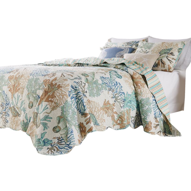 Wade 3pc Full/Queen Quilt Set with Sham, Jade Blue Coastal Microfiber - Benzara