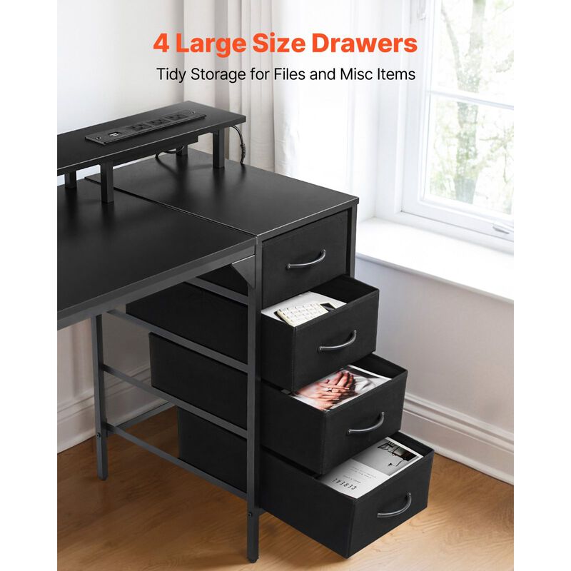Gaming Desk with LED Lights, Charging Station, 4 Storage Drawers and Monitor Shelf-Black image number 3