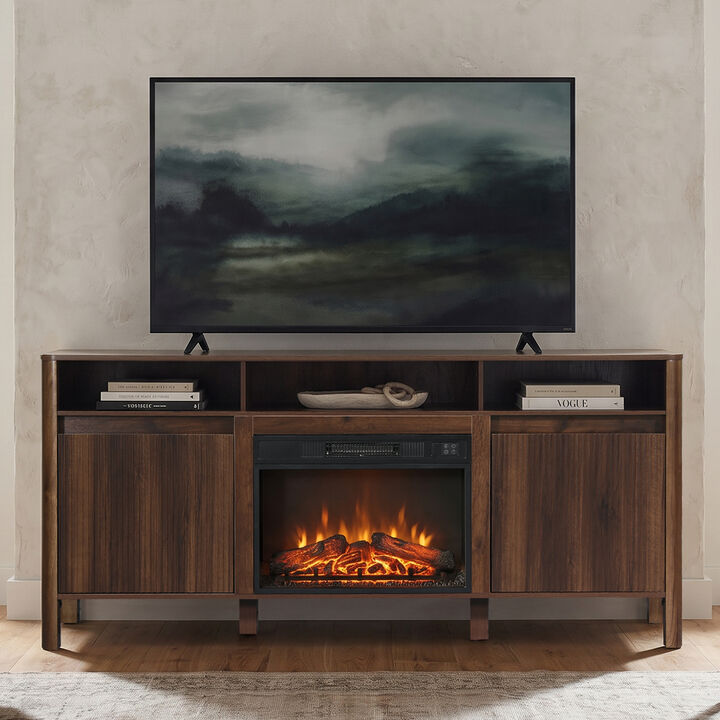 68" Modern Farmhouse Dark Walnut Fluted Door TV Stand Media Console with  23 Inch Insert Electric Fireplace for TVs up to 75"