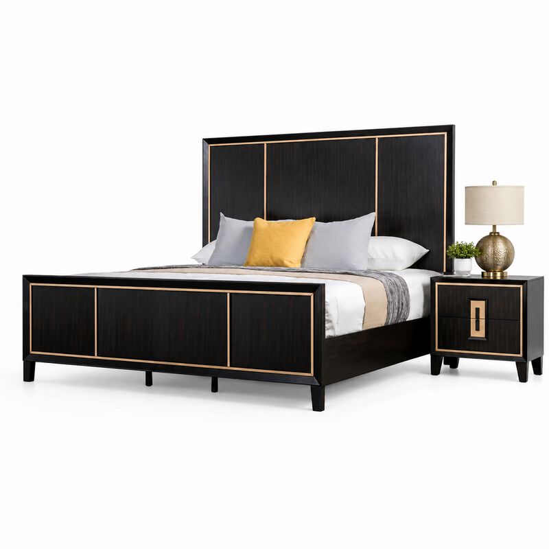 Queen Bedroom Set, Espresso Brown, Gold Wood, 2 Piece Set with Nightstand image number 0