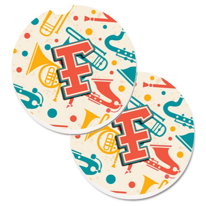 Caroline's Treasures Letter F Retro Teal Orange Musical Instruments Initial Set of 2 Cup Holder Car Coasters CJ2001-FCARC, 2.56, Multicolor