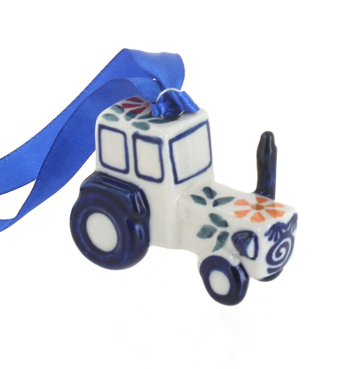 Blue Rose Polish Pottery Tulip Tractor Ornament