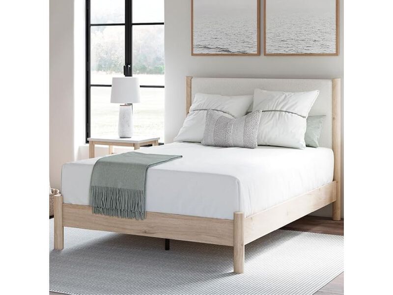 Cadmori Queen Platform Bed &ndash; White & Light Brown Upholstered Frame, Scandinavian Style image number 2
