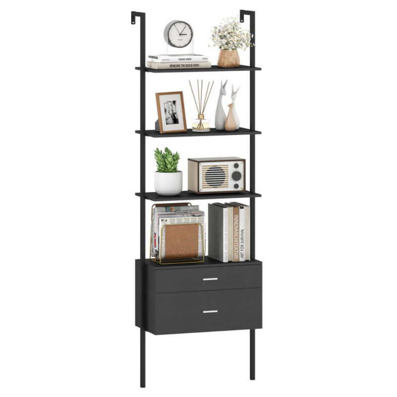 Modern 4-Tier Ladder Bookcase with Drawers, Metal Frame Display Shelf-Black image number 4