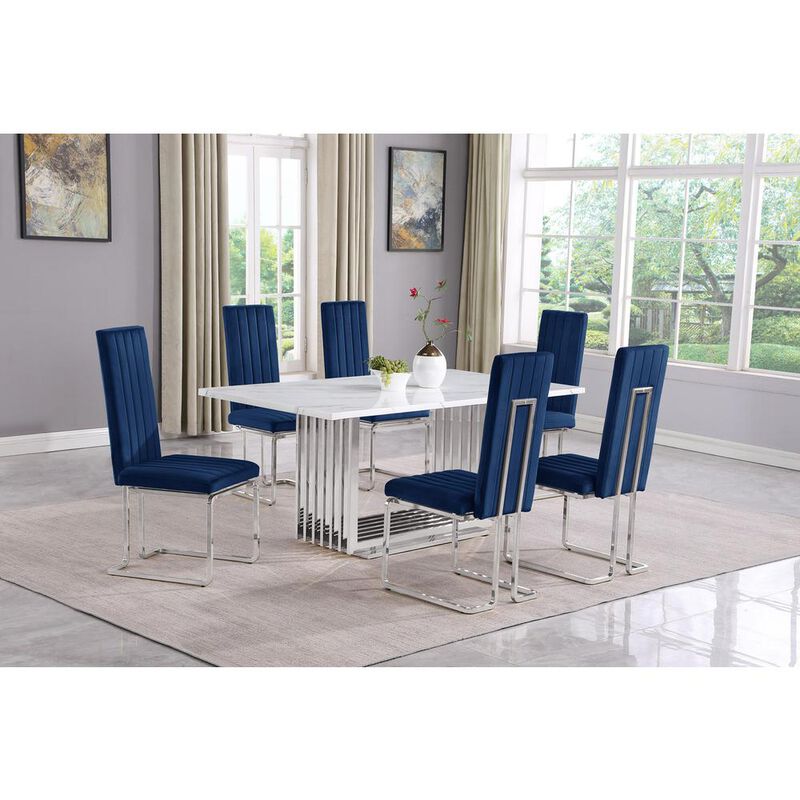 7pc Small(68") marble top dining set with silver base and 6 Navy Blue chairs