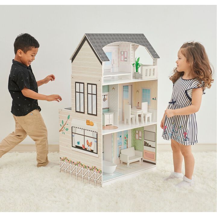 Teamson Kids Wonderland Ariel 2-in-1 Dollshouse/Play Kitchen Playset with 12-in Dolls Furnishings and 6-Piece Cookware Set, Gray & Ivory