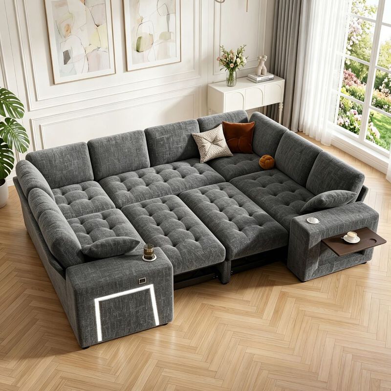 Vipbear 110" Modular Sectional Sleeper Sofa, 8-Seater Chenille U-Shaped Couch with Pull-Out Beds image number 3