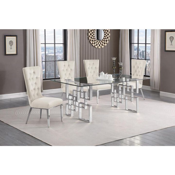 5-piece glam dining set with 4 cream chairs and a 79" long glass  table