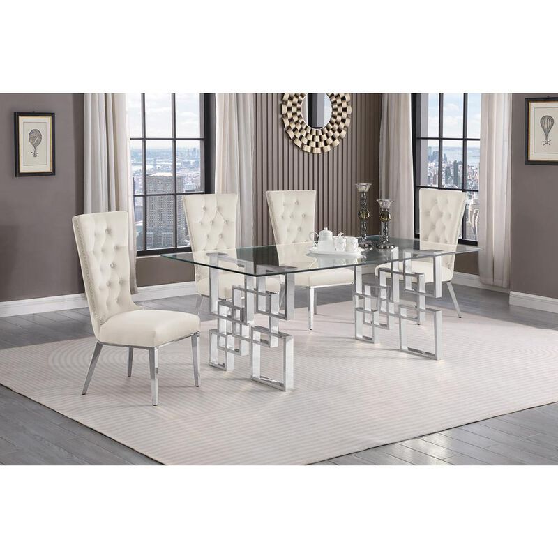 5-piece glam dining set with 4 cream chairs and a 79" long glass  table