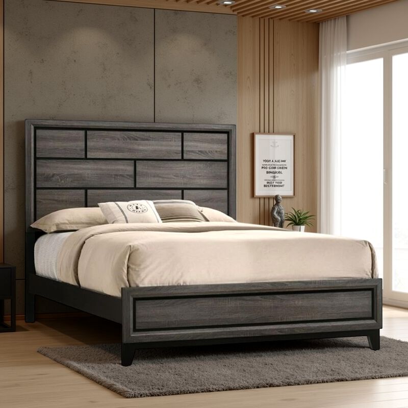 Mazie King Bed, Brick Style Headboard, Black Tapered Legs, Oak Gray Wood - Benzara