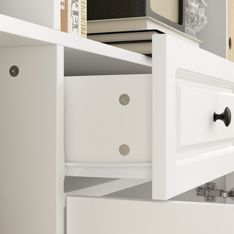 FUFU&GAGA Elegant Bookcase Cabinet with Glass Doors and 6 Drawers – Adjustable Shelves, P2 MDF, Modern Storage Solution for Living Room, Study, or Dining Area , (94.5”W x 78.7”H x 15.7”D),White