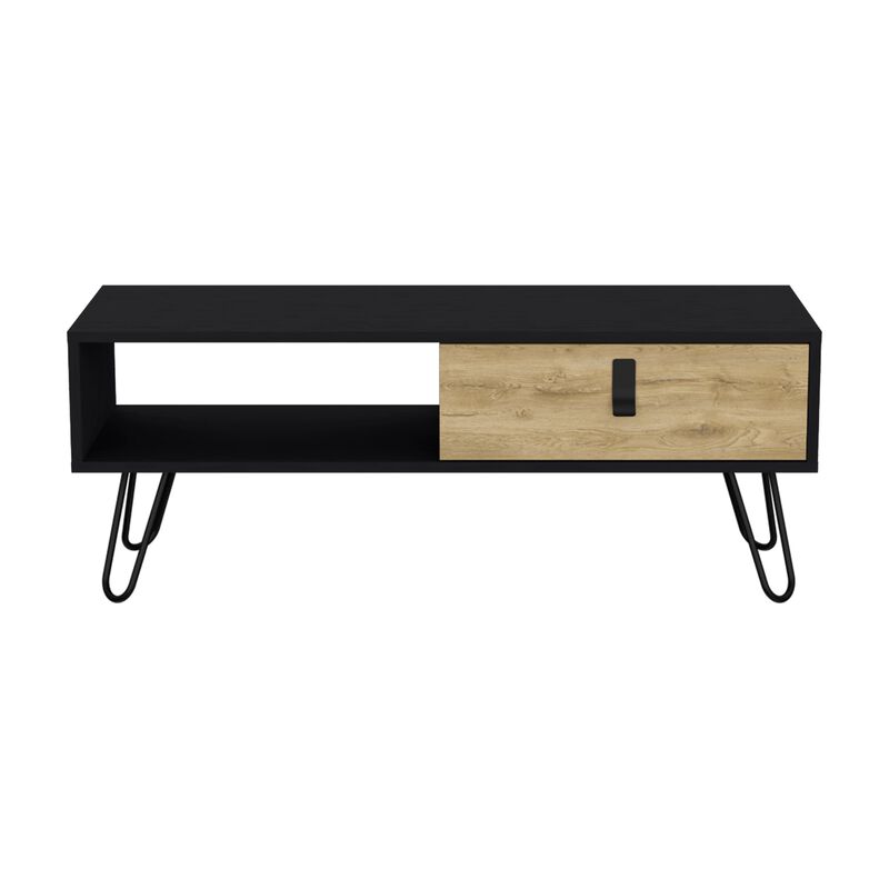 Huna Coffee Table with Hairpin Legs and Ample Storage Drawer-Black / Macadamia