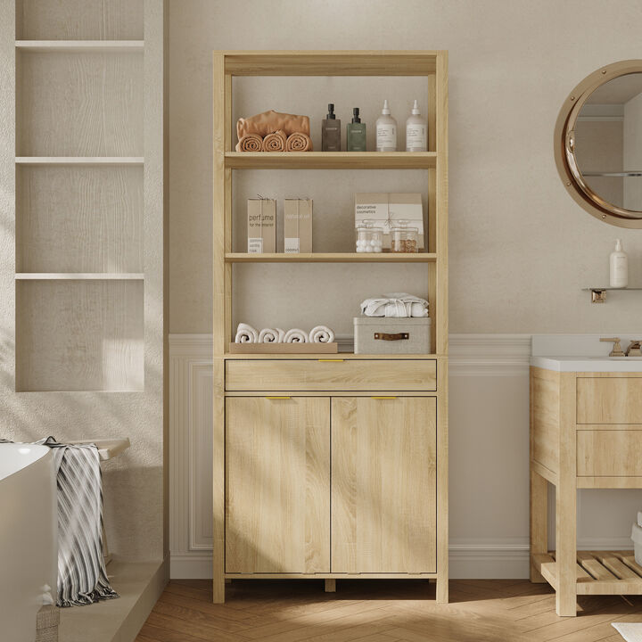 FUFU&GAGA Modern Bathroom Storage Cabinet with 3 Drawers and 3 Open Shelves, Built-in Laundry Baskets (30.1 in. W x 14 in. D x 70.8 in. H), Brown