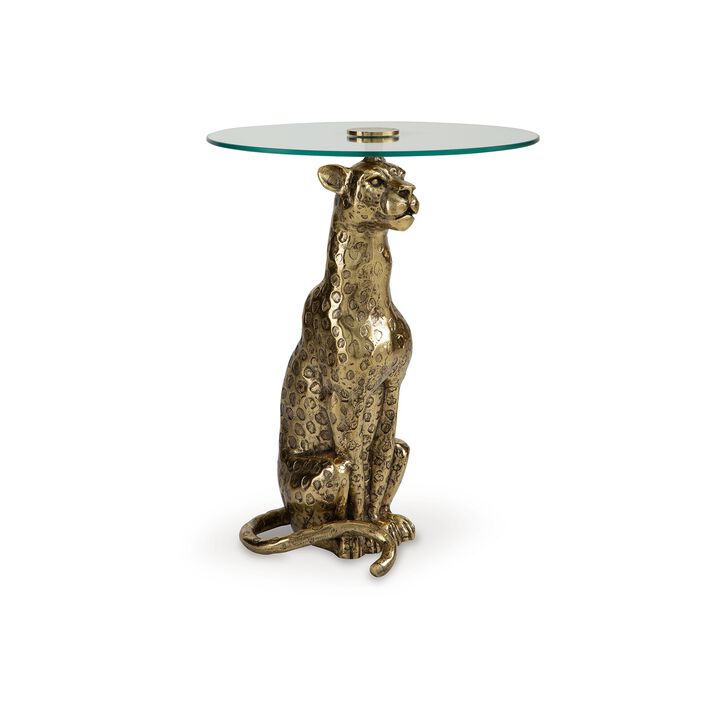 Accent Table, Gold Cast Metal Leopard Design, 18 Inch Glass Round Top