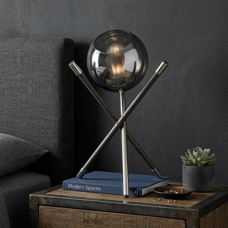 HomeRoots 18" Black Metal Tripod Table Lamp With Nickel Globe Shade image number 1