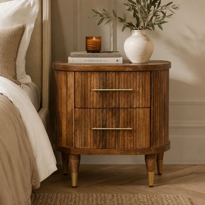 Artisan Furniture Solid Wood Curved 2 Drawer Bedside, Brown