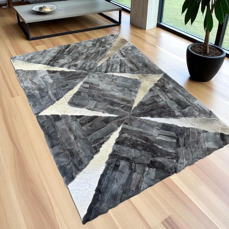 Modern Geometric Rex Rabbit Fur Area Rug in Grey and White, Soft Shaggy Rectangular Carpet, Luxury Hair Fur Living Room Rug, Custom Handmade image number 3