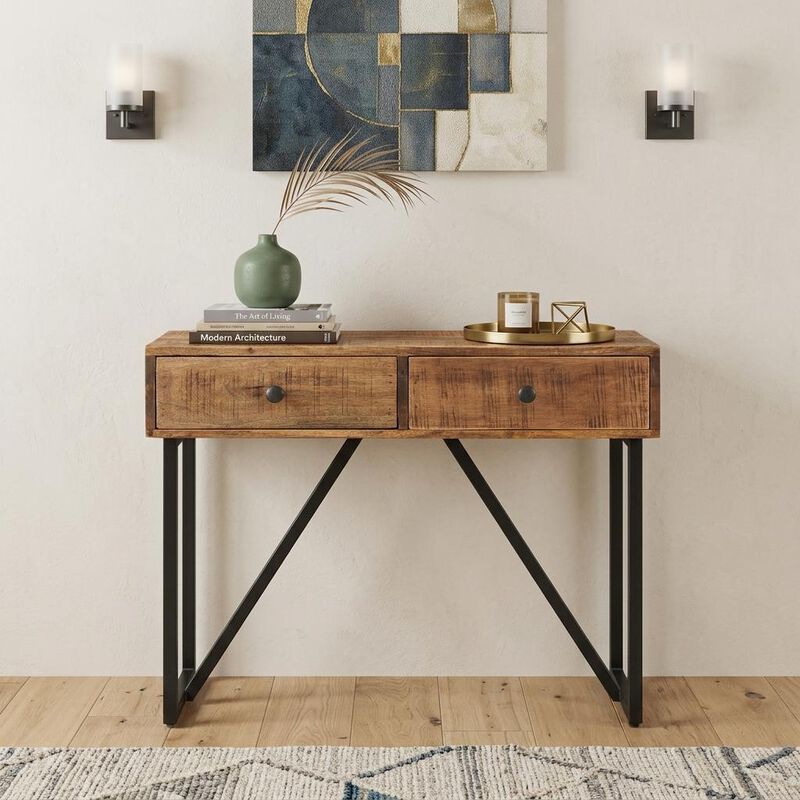 HomeRoots 36" Natural and Black Solid Wood and Iron Distressed Frame Console Table With Two Drawers image number 1
