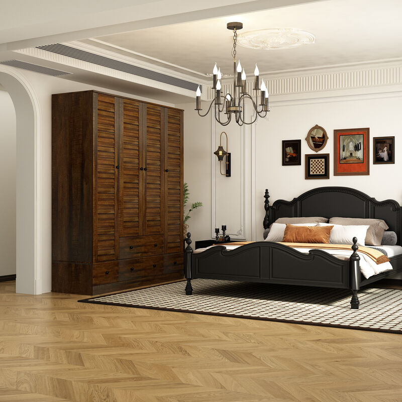 FUFU&GAGA Brown Woodgrain PB Board Wardrobe with 4 Shutter Doors & 5 Drawers, Black Wooden Handles, Modern Storage Cabinet (59.1 in. W x 19.1 in. D x 70.5 in. H)