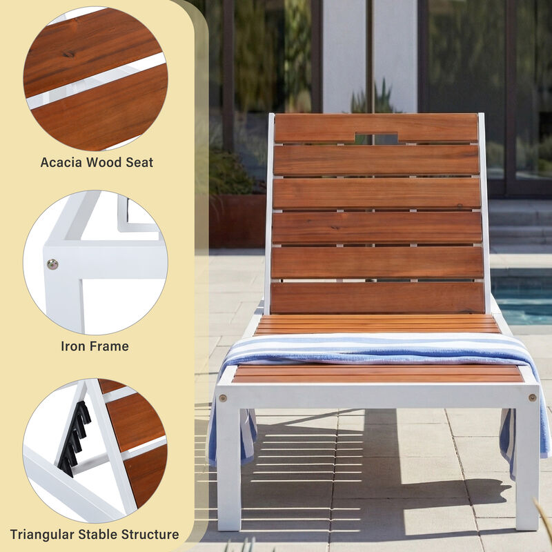 Merax Outdoor Chaise Lounge | 6-Position Adjustable Backrest, Steel Frame with Acacia Wood Slat Seat image number 4