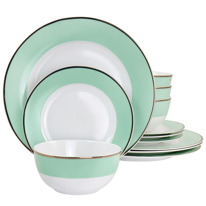 Martha Stewart Gold Rimmed 12 Piece Fine Ceramic Dinnerware Set in Mint