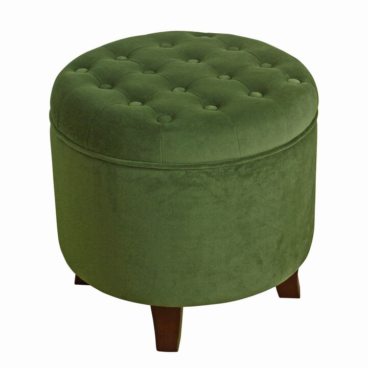 Button Tufted Velvet Upholstered Wooden Ottoman with Hidden Storage, Green and Brown - Benzara