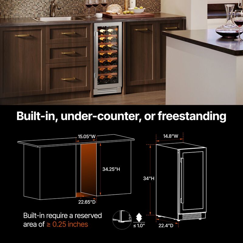 Wine Fridge 15 Inch Wine Refrigerator,33-bottle Wine cooler,40-65&deg;F,3 color LED,built-in/freestanding ,For Home Bar image number 4