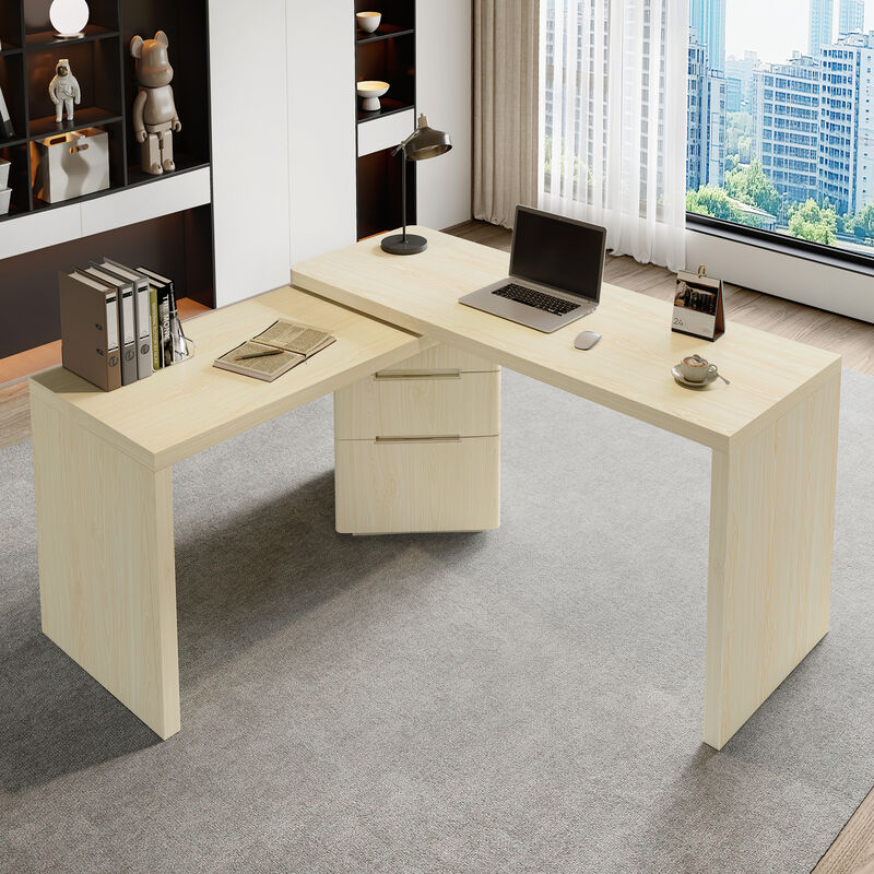 Whisen 90" L-Shaped Desk with 3 Drawers, 360&deg; Rotating Corner Desk, MDF Modern Executive Office Workstation for Home image number 1