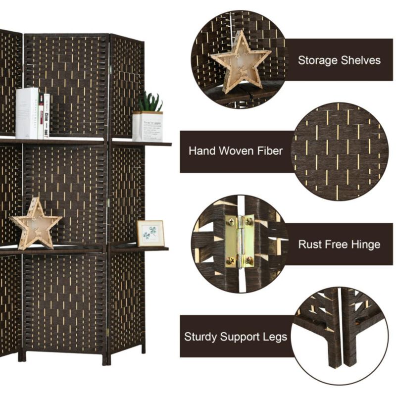 Hivvago 6 Panel Folding Weave Fiber Room Divider with 2 Display Shelves