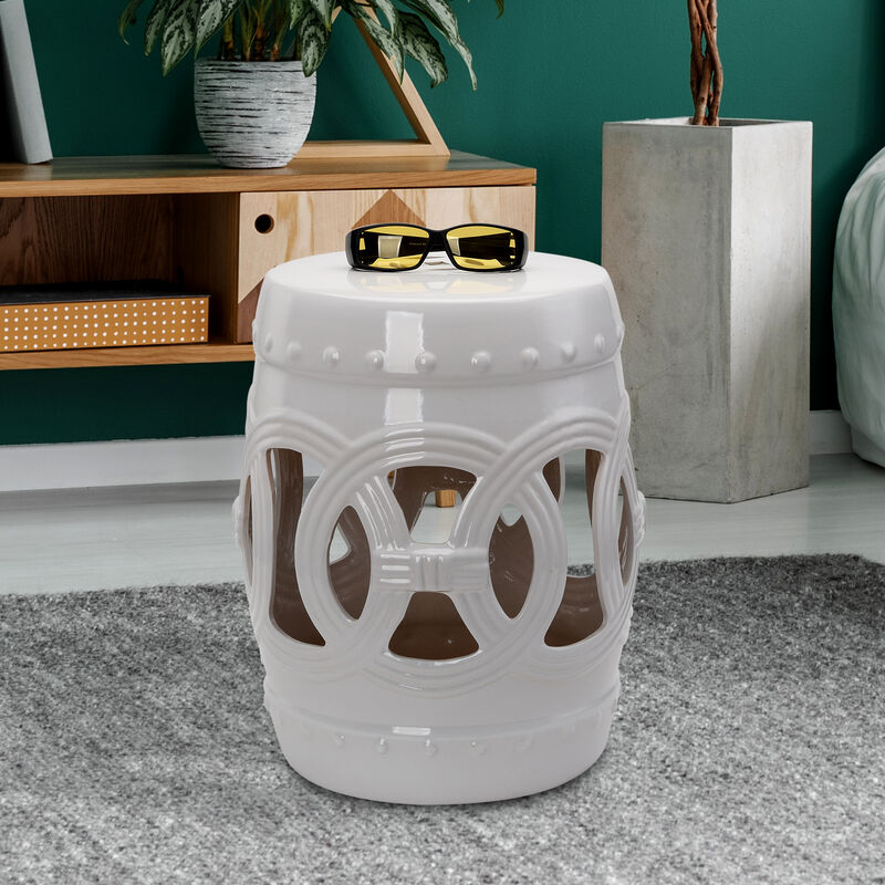 Outsunny 14" x 17" Ceramic Garden Stool with Double-Coin Knotted Ring Design & Strong Glazed Material, Decorative End Table, Home Collection, White