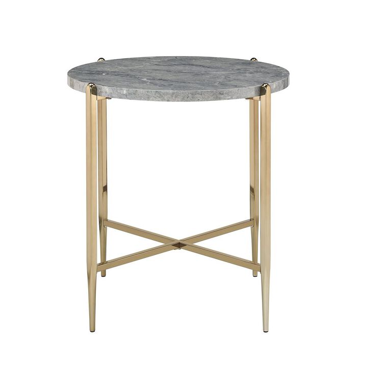 Plethoria Home Faux Marble and Champagne Round End Table