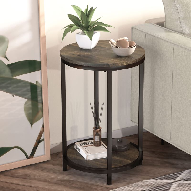 NSdirect Round Side Table Set of 2,16in Rustic Wooden End Table Surface Top & Sturdy Metal Legs Nightstand for Living Room Bedro