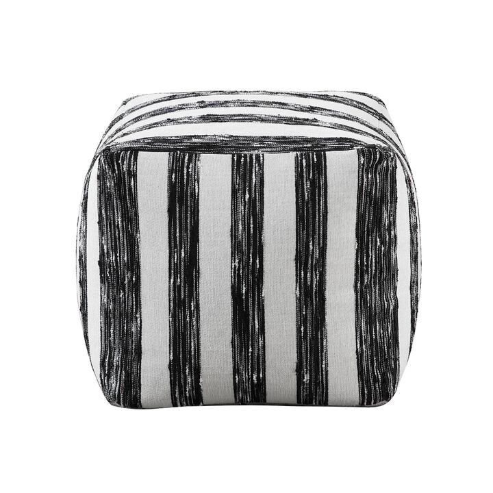 Modern Pouf Ottoman, Black White Wide Striped Jacquard, 16 Inch Square