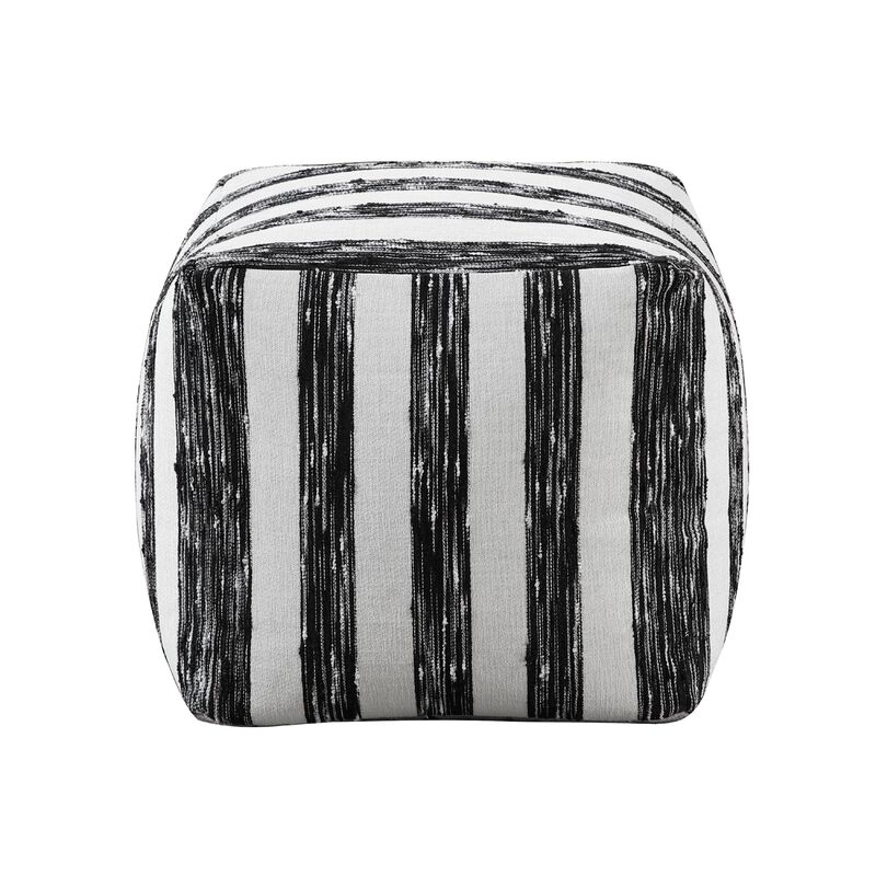 Modern Pouf Ottoman, Black White Wide Striped Jacquard, 16 Inch Square