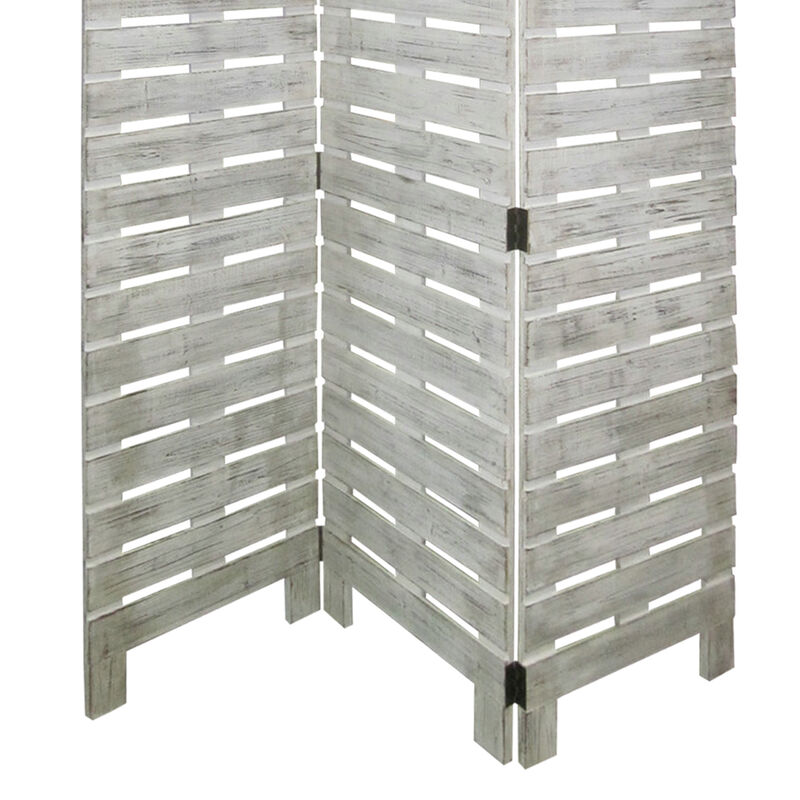 Textured 3 Panel Foldable Wooden Screen with Slats, Gray - Benzara